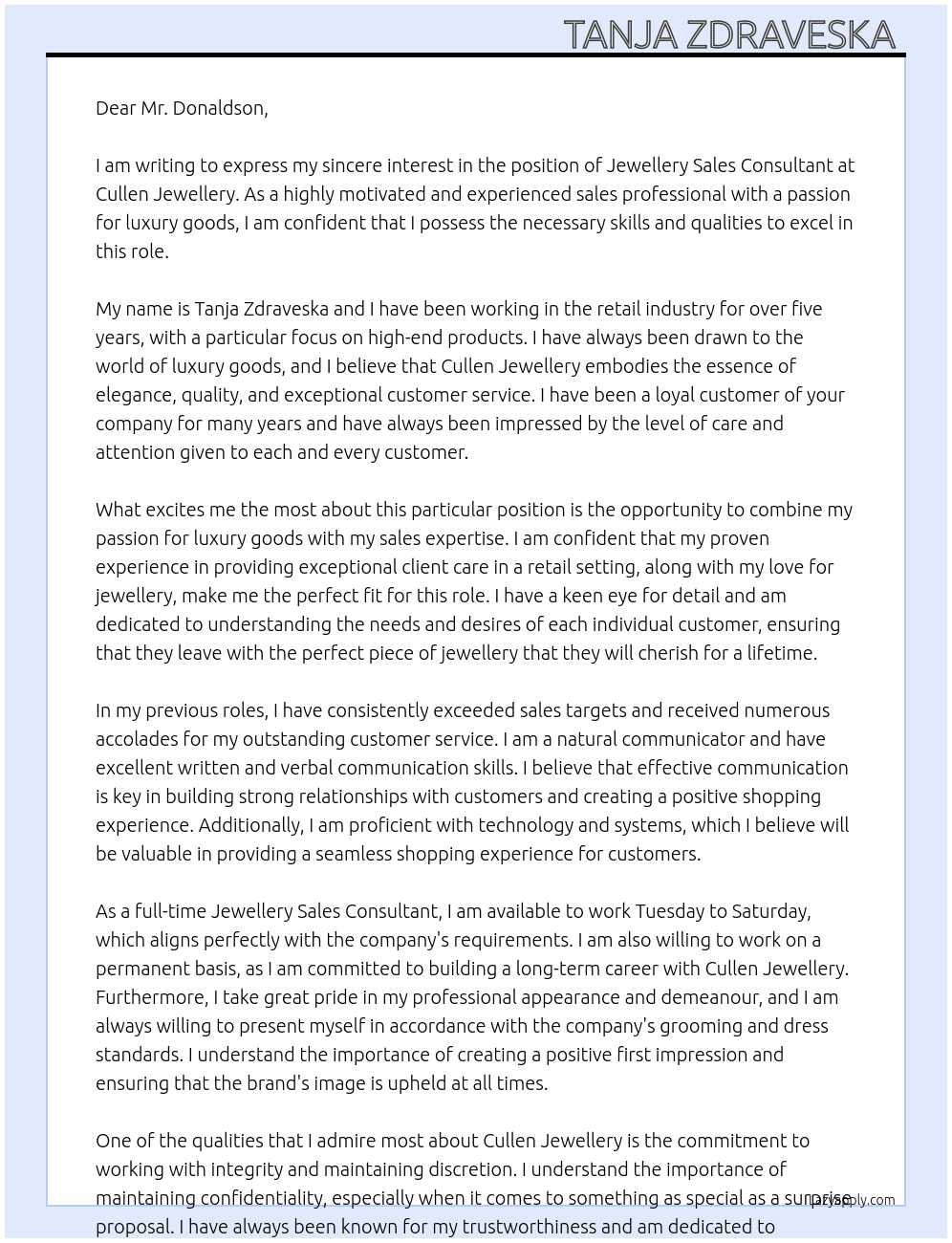 Jewellery Sales Consultant At Cullen Jewellery Cover Letter