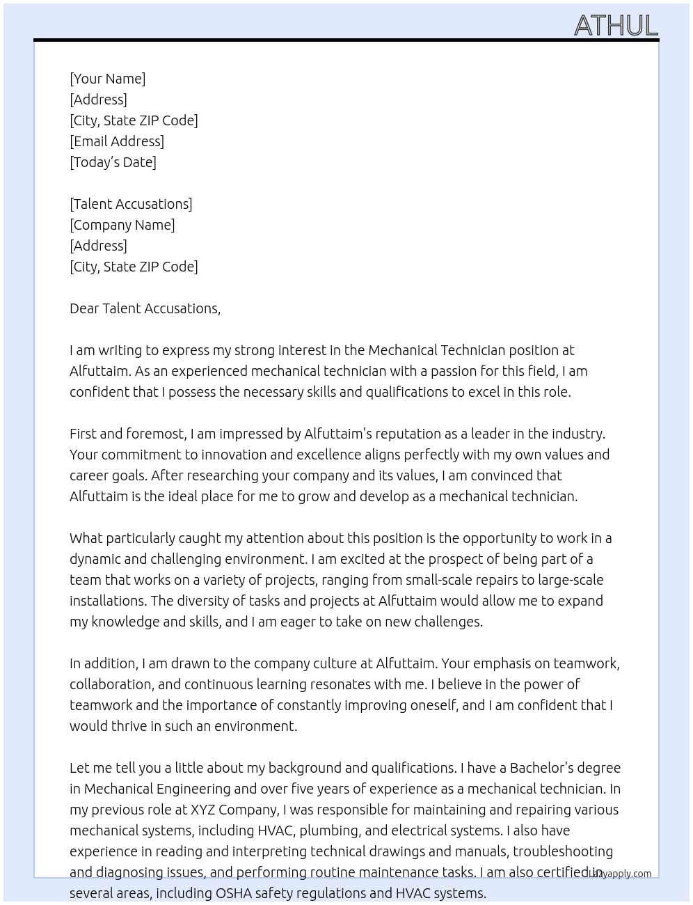 Mechanical Technician  At Alfuttaim Cover Letter