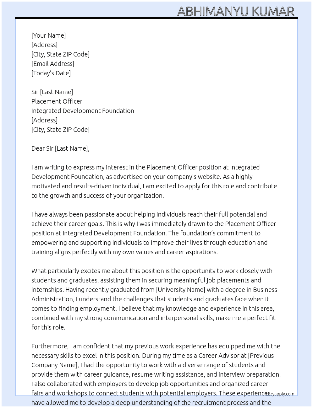 Placement officer At Integrated development foundation Cover Letter
