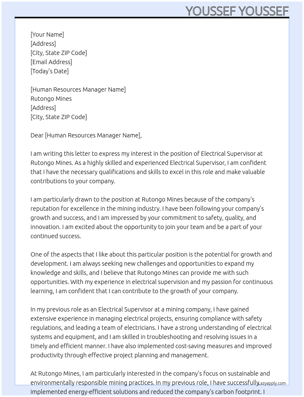 Electrical Supervisor At Rutongo Mines Cover Letter