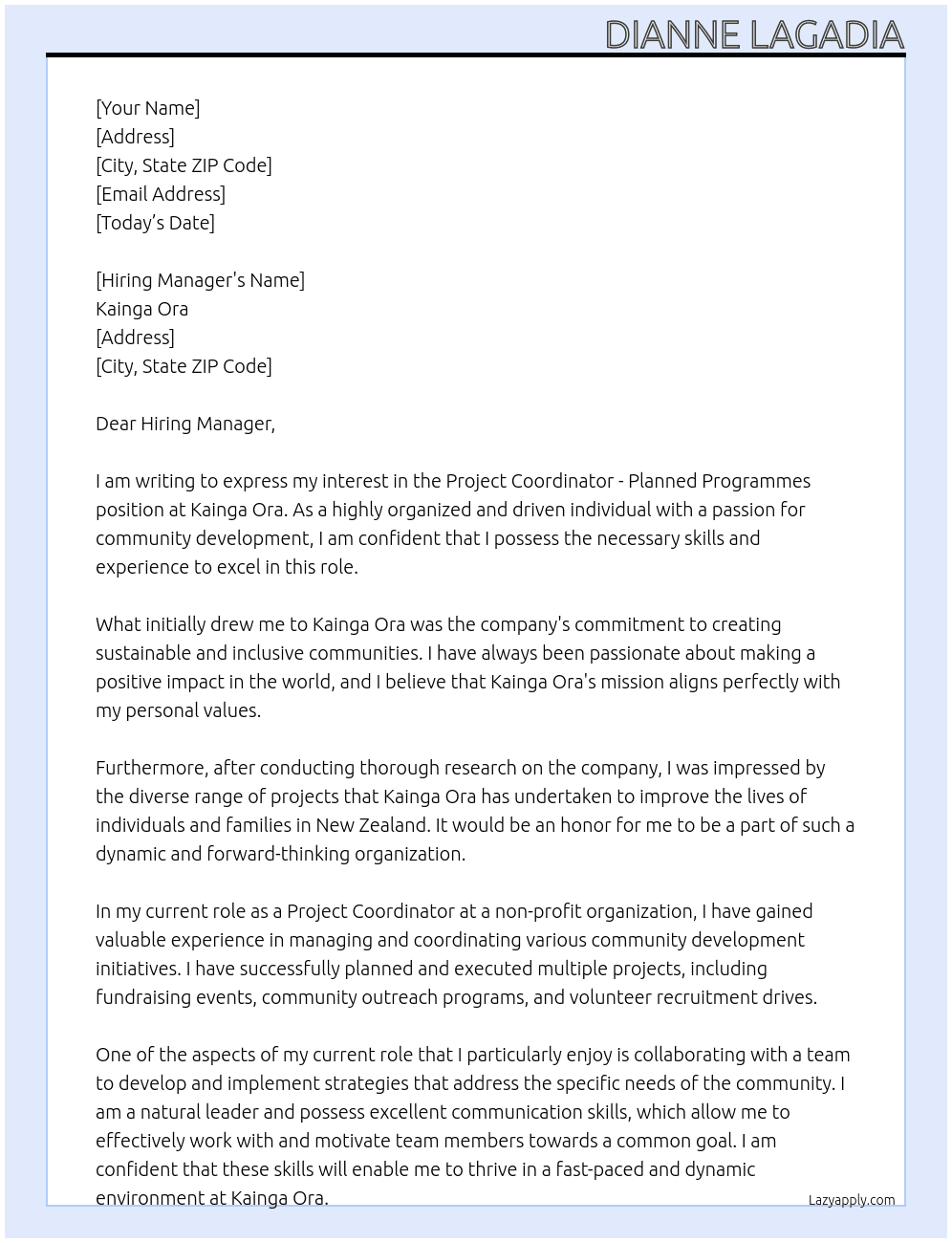 Project Coordinator - Planned Programmes At Kainga Ora Cover Letter