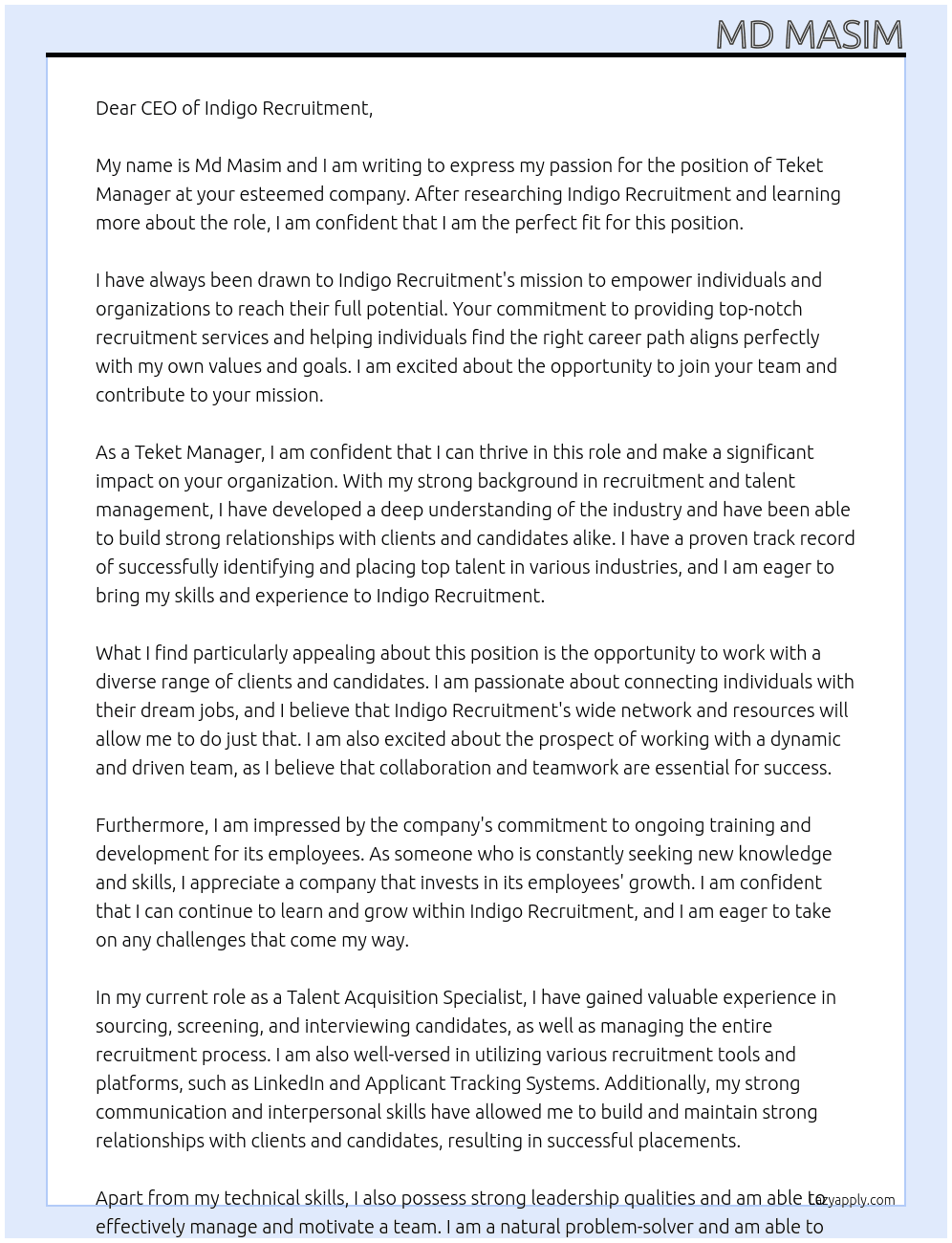 Teket manager  At Indigo recruitment  Cover Letter