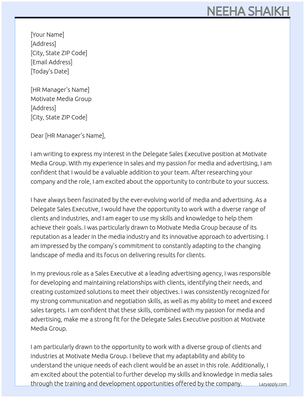 Delegate sales executive At Motivate Media group Cover Letter