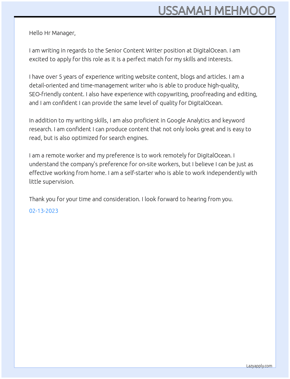 Cover letter for senior content writer - LazyApply