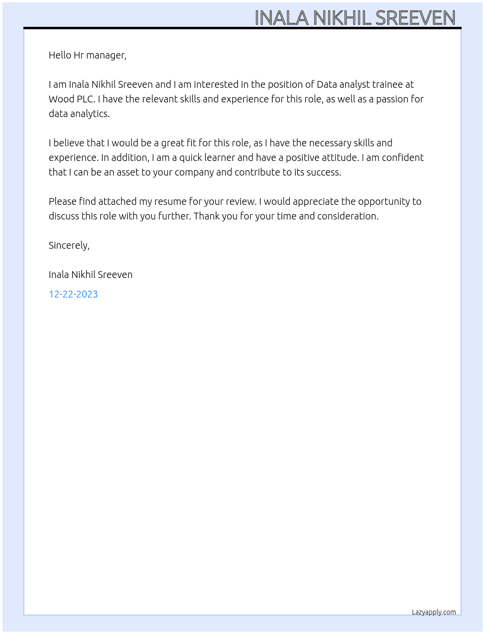 Data analyst trainee At Wood PLC Cover Letter