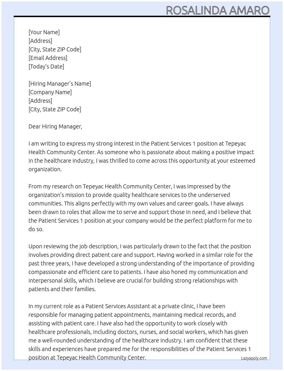 Patient Services 1 At Tepeyac Health Community Center Cover Letter