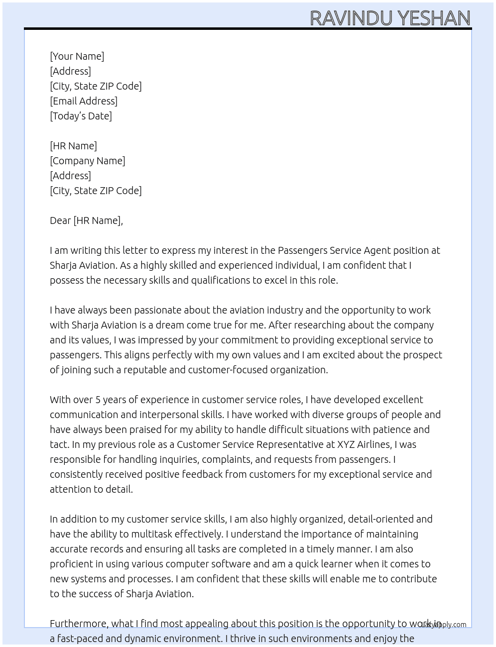Passengers service agent  At Sharja aviation Cover Letter