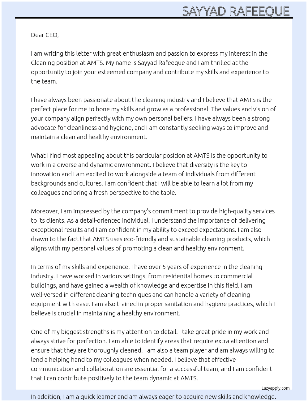Cleaning  At AMTS Cover Letter