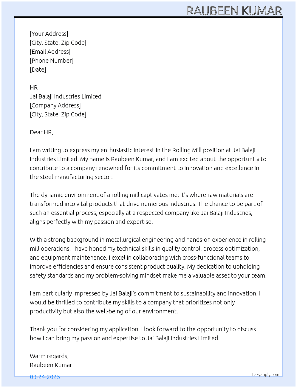 Cover letter for rolling mill - LazyApply