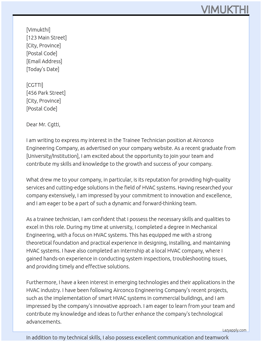 Trainee technician  At Airconco Engineering Company  Cover Letter