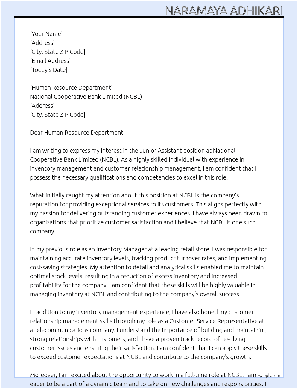 Juniour Assistant At National Cooperative Bank Limited (NCBL) Cover Letter