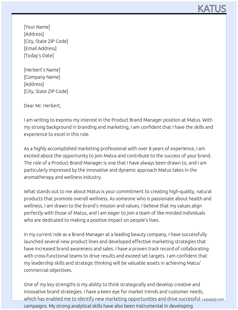 product brand manager At matus Cover Letter