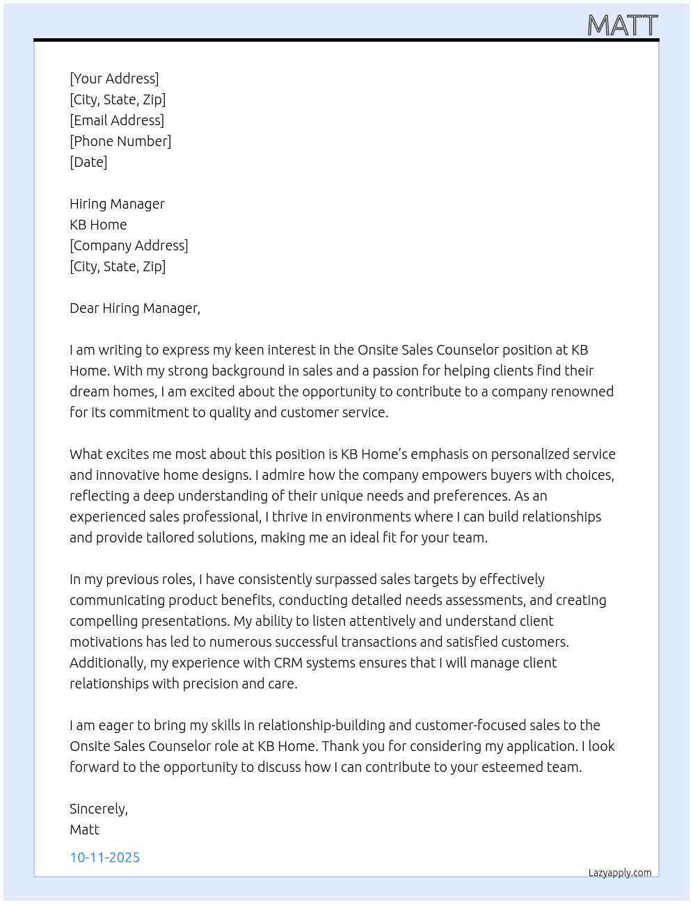 Onsite Sales Counselor At KB Home Cover Letter