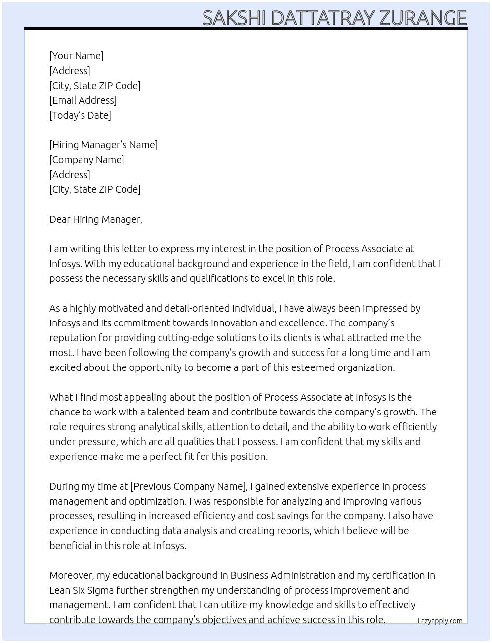 Process associate At Infosys Cover Letter