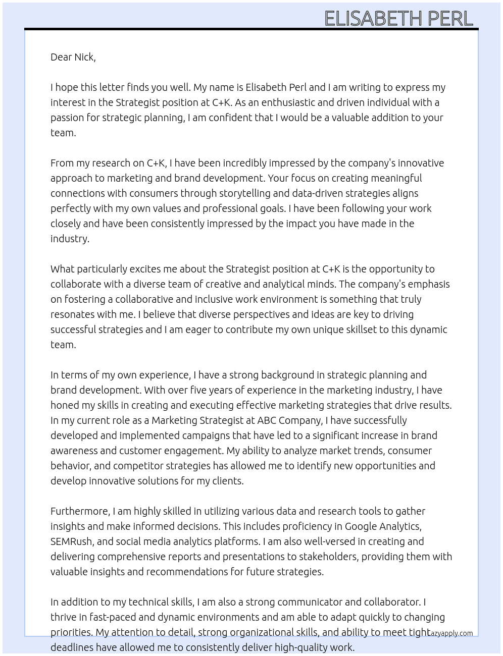 Strategist  At C+K Cover Letter