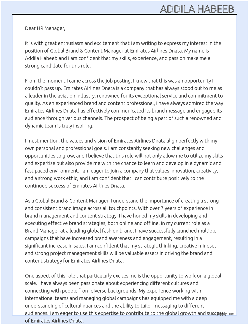 Global Brand & Content Manager - dnata At Emirates Airlines Dnata  Cover Letter