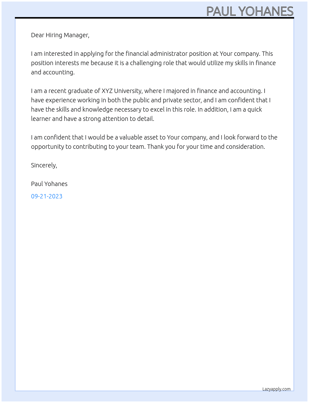 Financial Administrator  At Your company  Cover Letter
