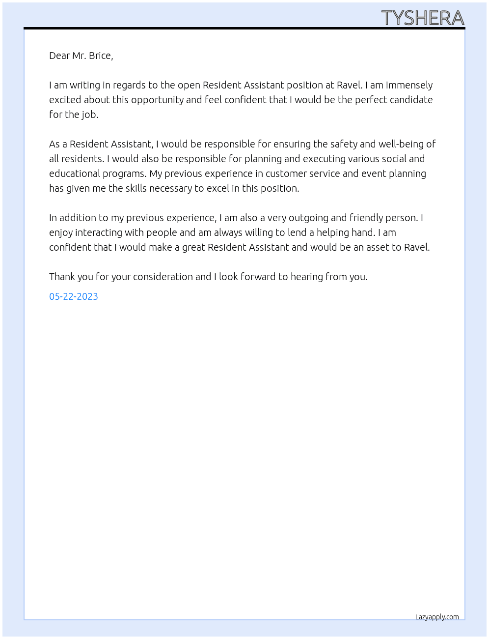 Resident Assistant At Ravel Cover Letter