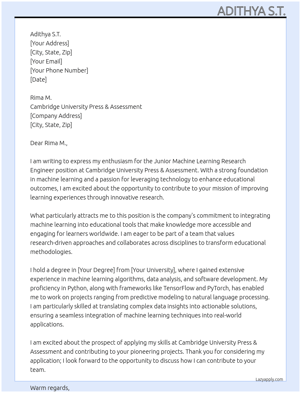 Cover letter for junior machine learning research engineer - LazyApply