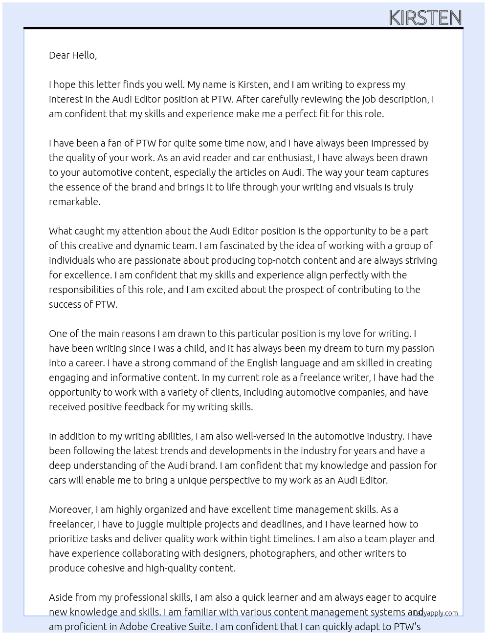 Audi Editor At PTW Cover Letter