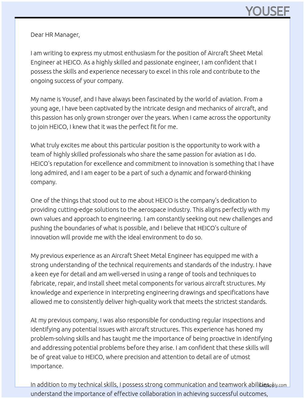 aircraft sheet metal engineer At HEICO Cover Letter