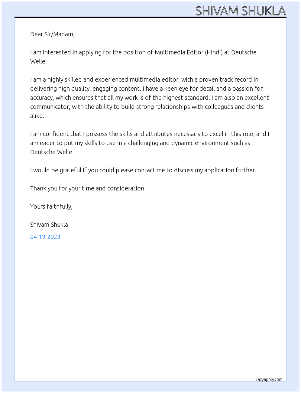 Multimedia Editor (Hindi) At Deutsche Welle Cover Letter