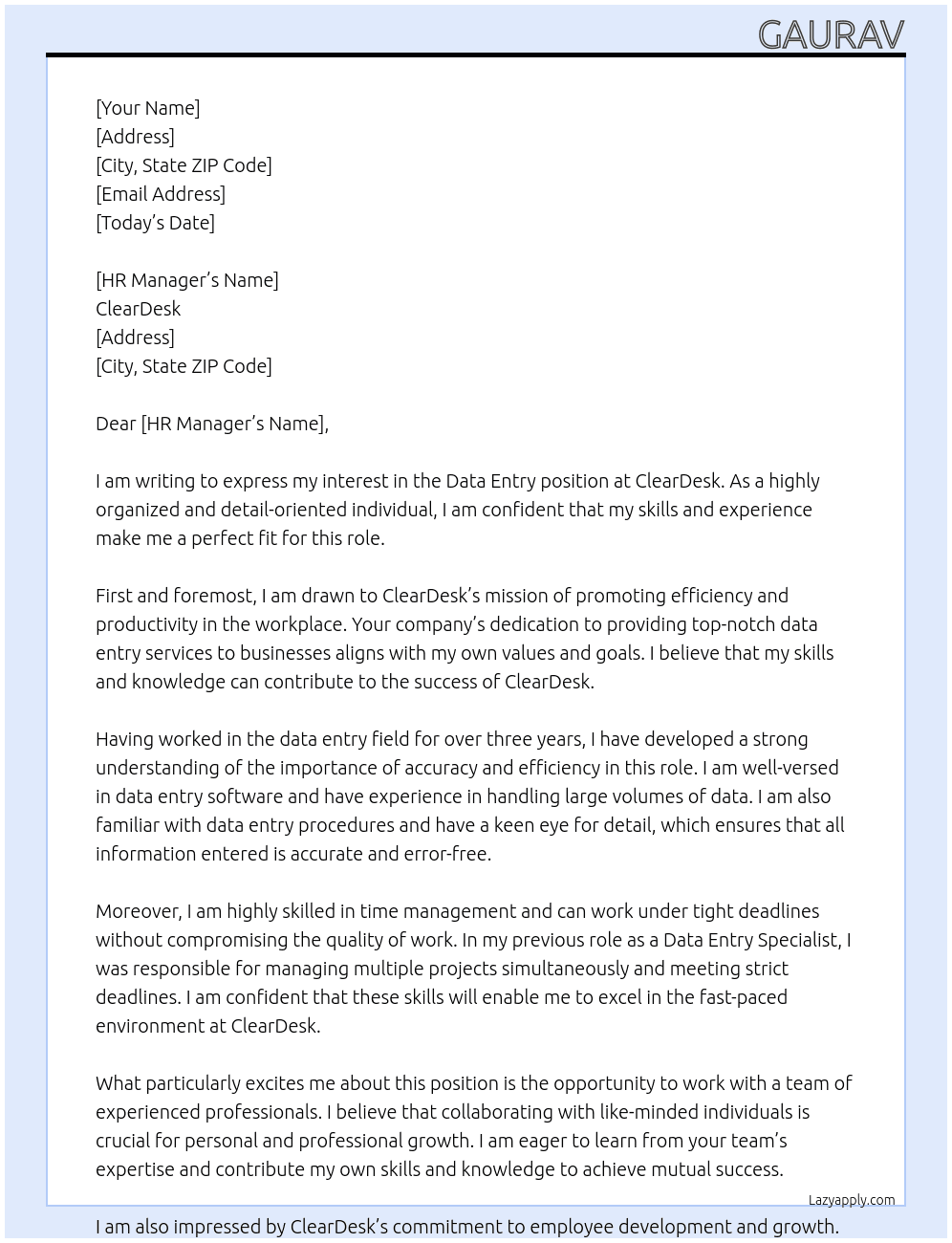 Data Entry At ClearDesk Cover Letter