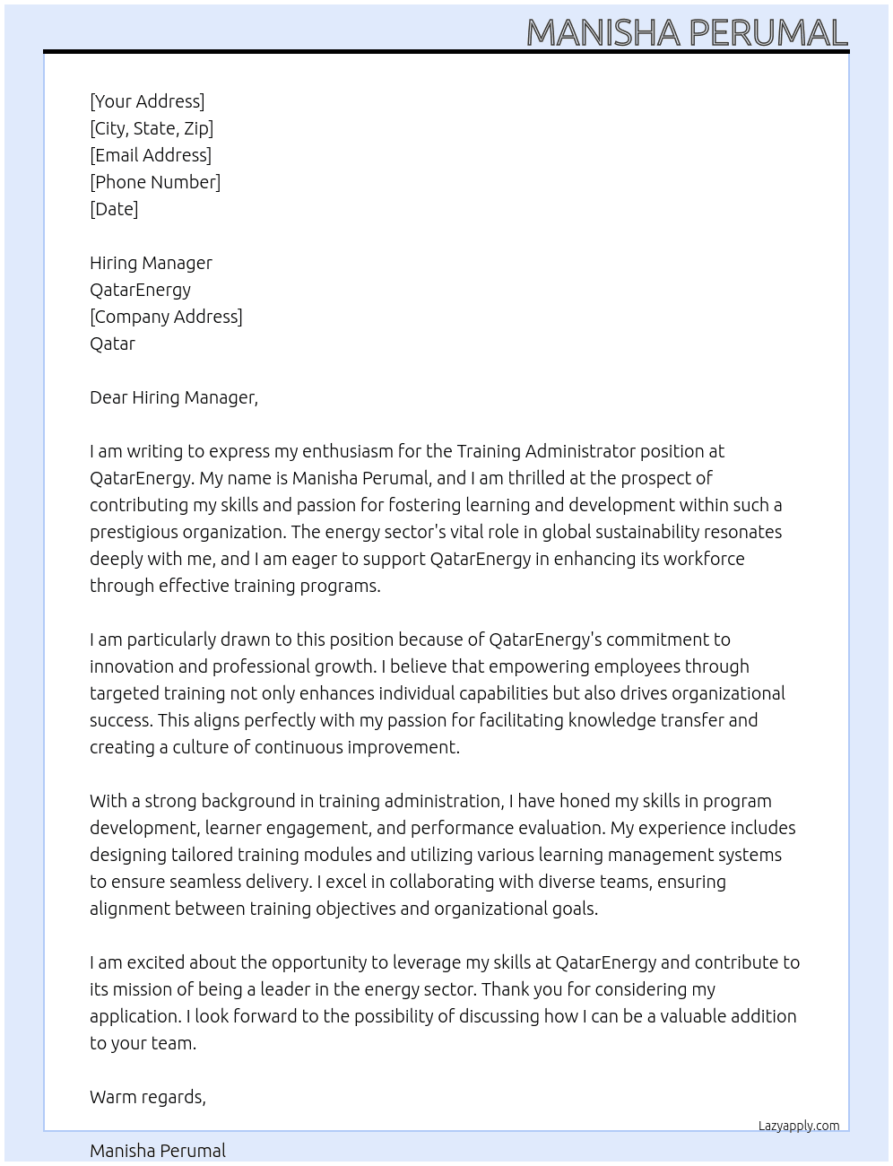 Training administrator  At QatarEnergy  Cover Letter