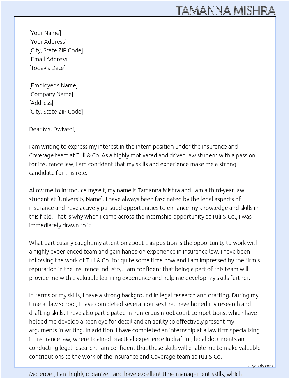 Cover letter for intern under insurace and coverage team - LazyApply