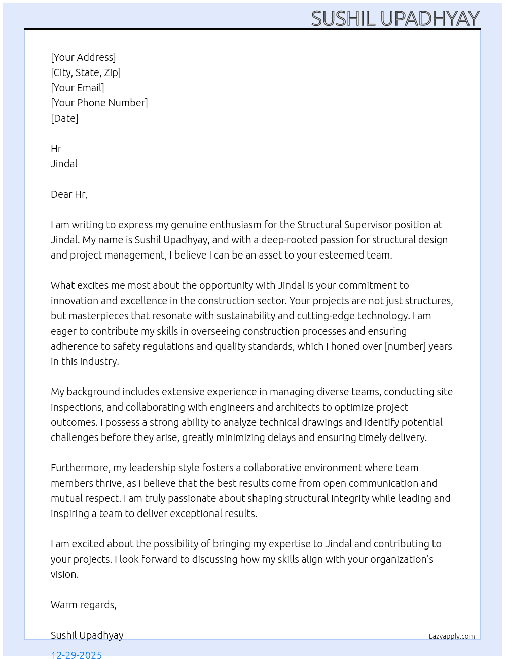 Structural supervisor  At Jindal  Cover Letter