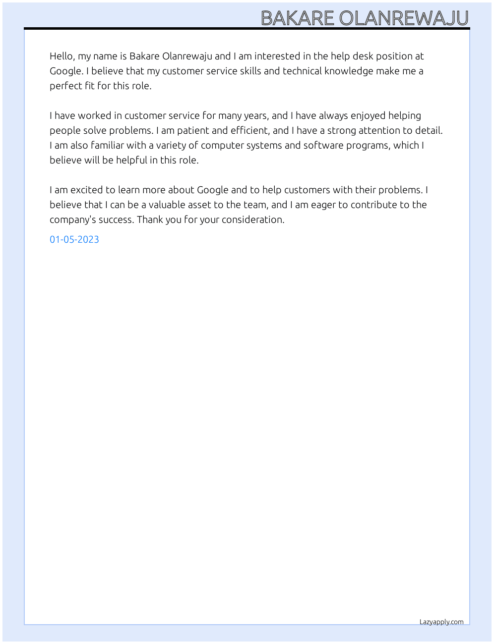 help  desk At google  Cover Letter