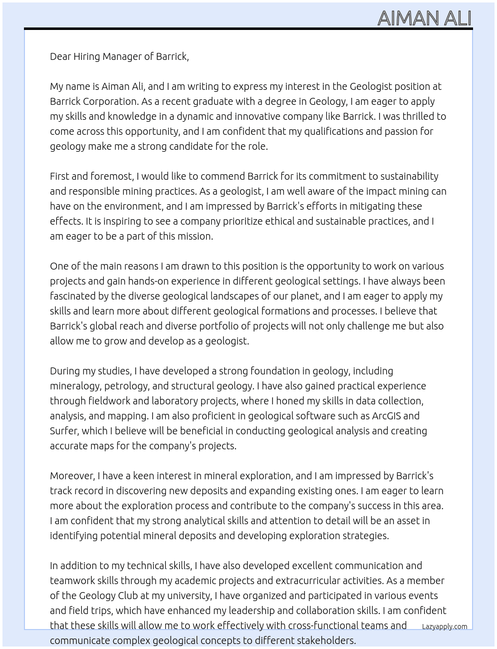 geologist At Barrick coporation  Cover Letter