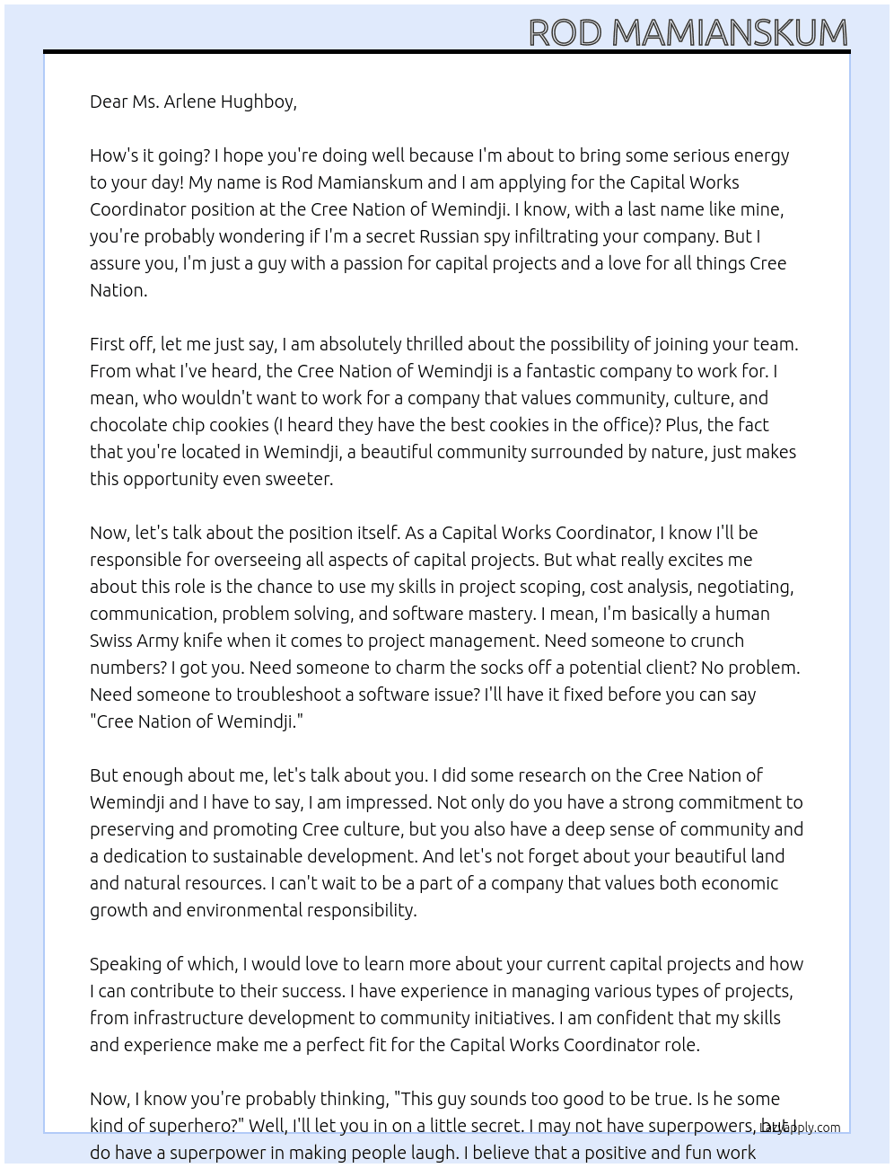 Cover letter for capital works coordinator - LazyApply