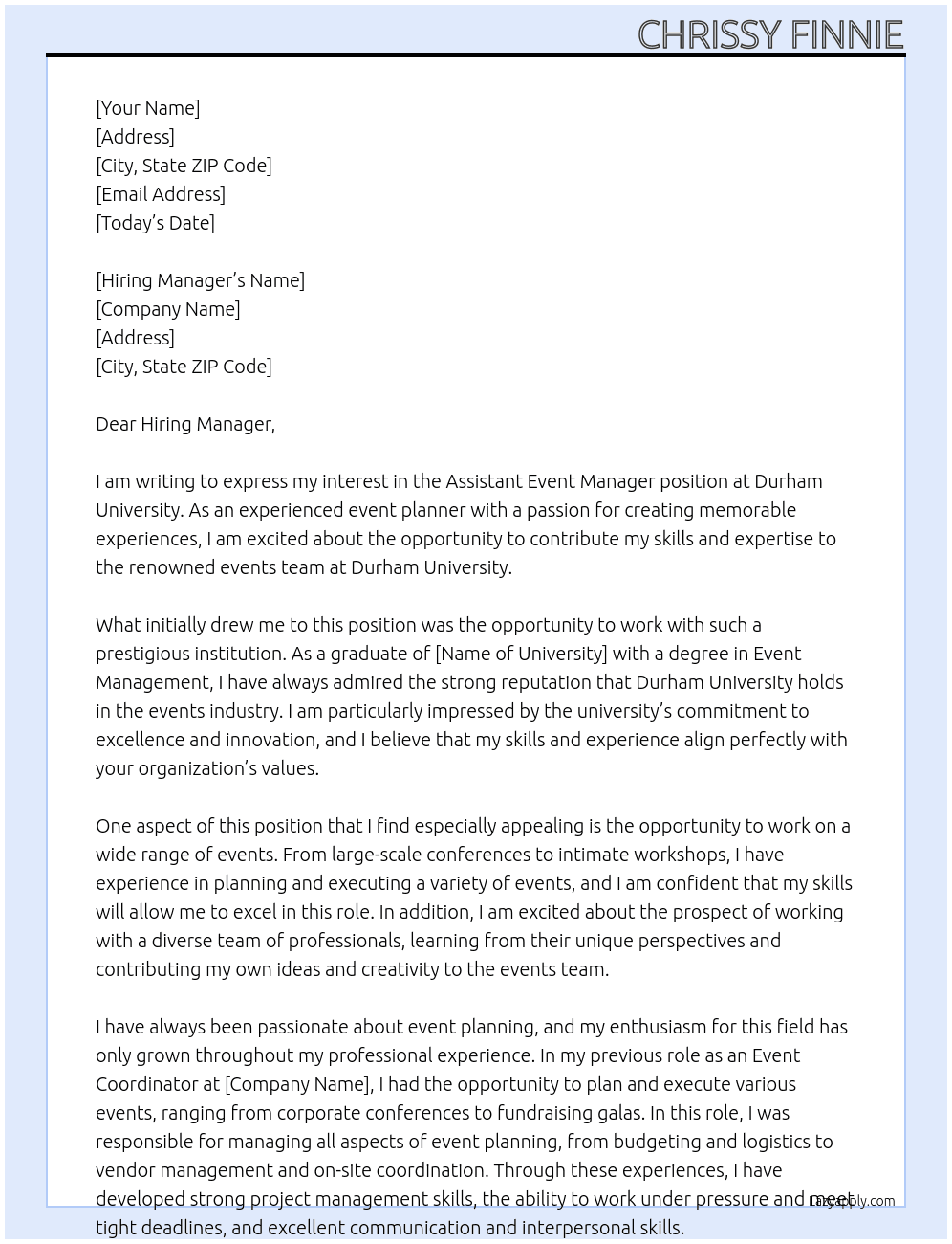 Cover letter for assistant event manager - LazyApply