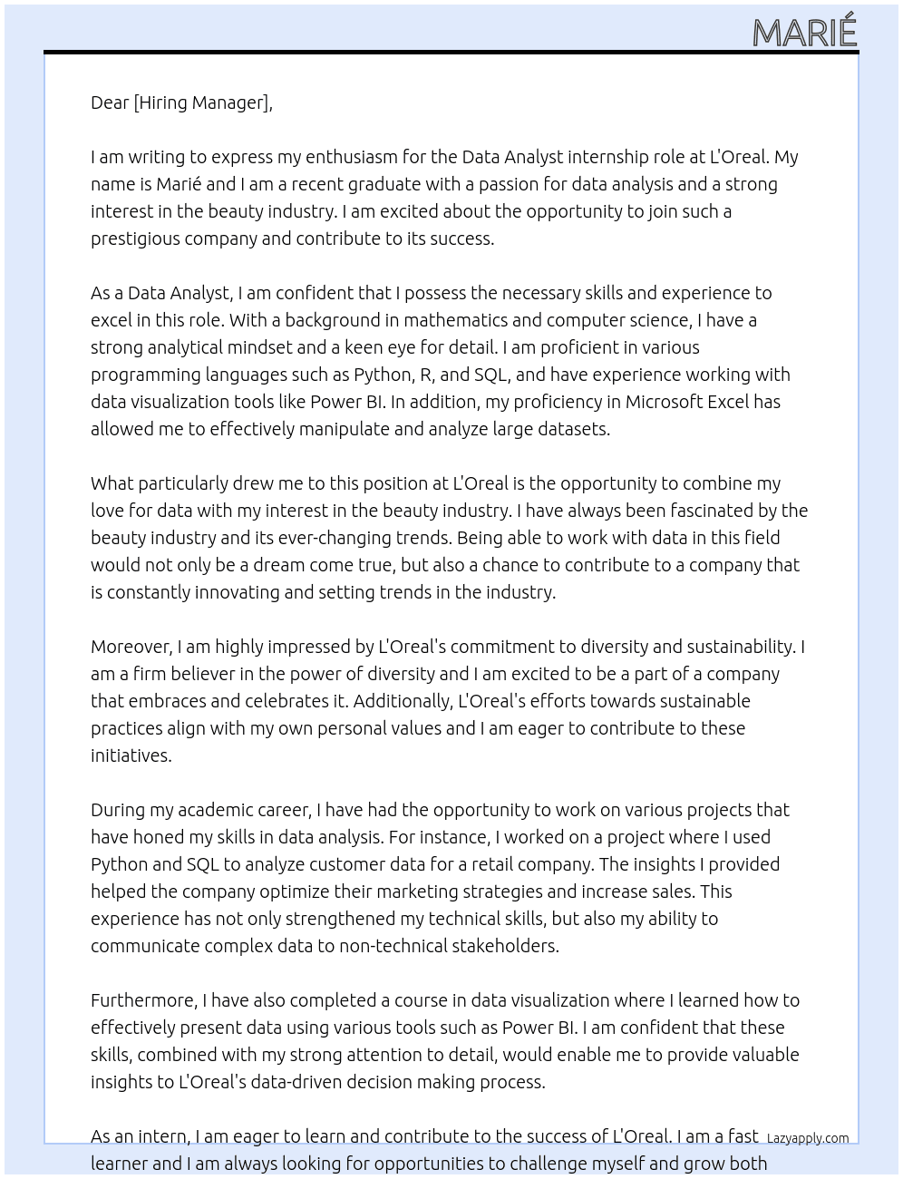 Data Analyst At L'Oreal Cover Letter