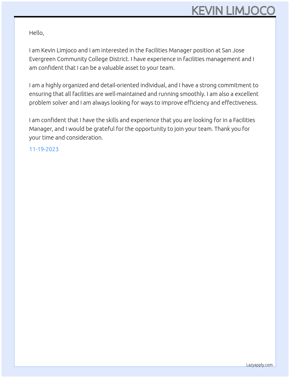 Facilities Manager At San Jose Evergreen Community College District Cover Letter