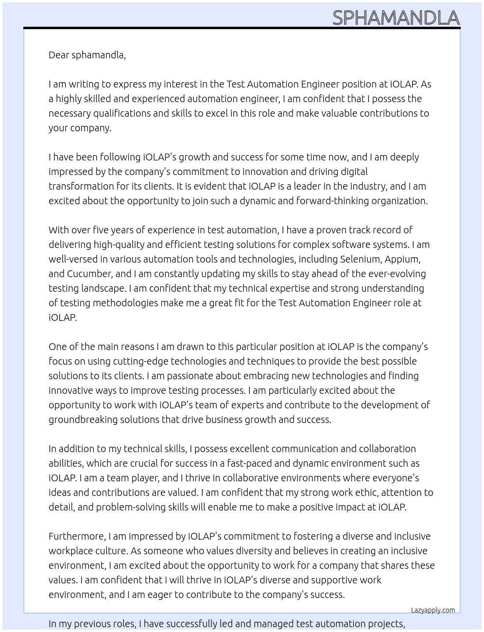 Test Automation Engineer  At iOLAP Cover Letter