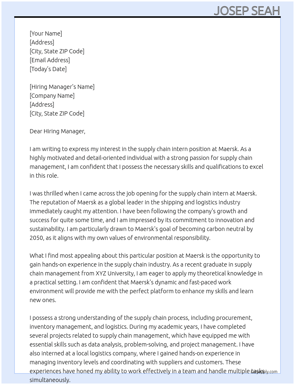 supply chain intern  At Maersk  Cover Letter