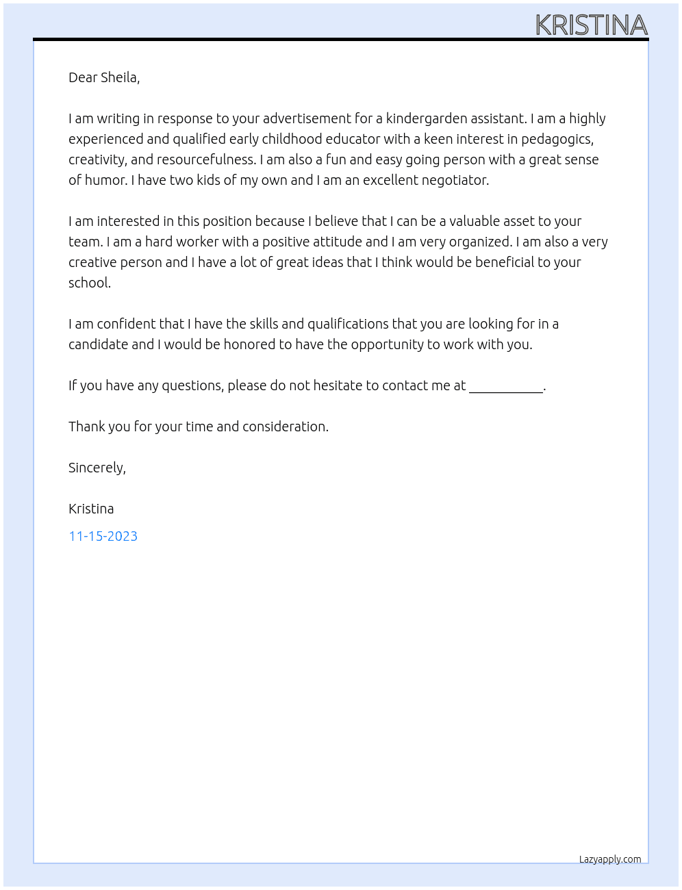 kindergarden assistant At mopalappen Cover Letter