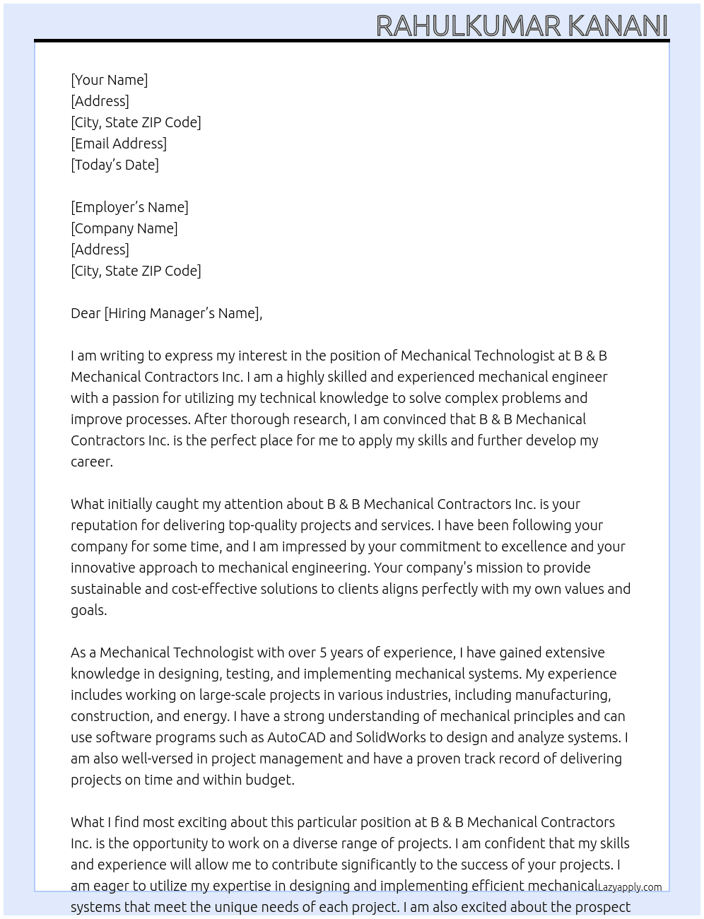 Mechanical Technologist At B & B MECHANICAL CONTRACTORS INC. Cover Letter
