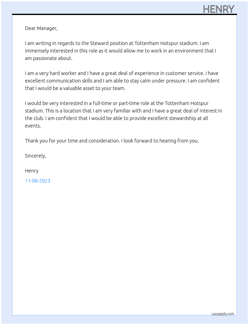 Steward  At Tottenham event steward Cover Letter