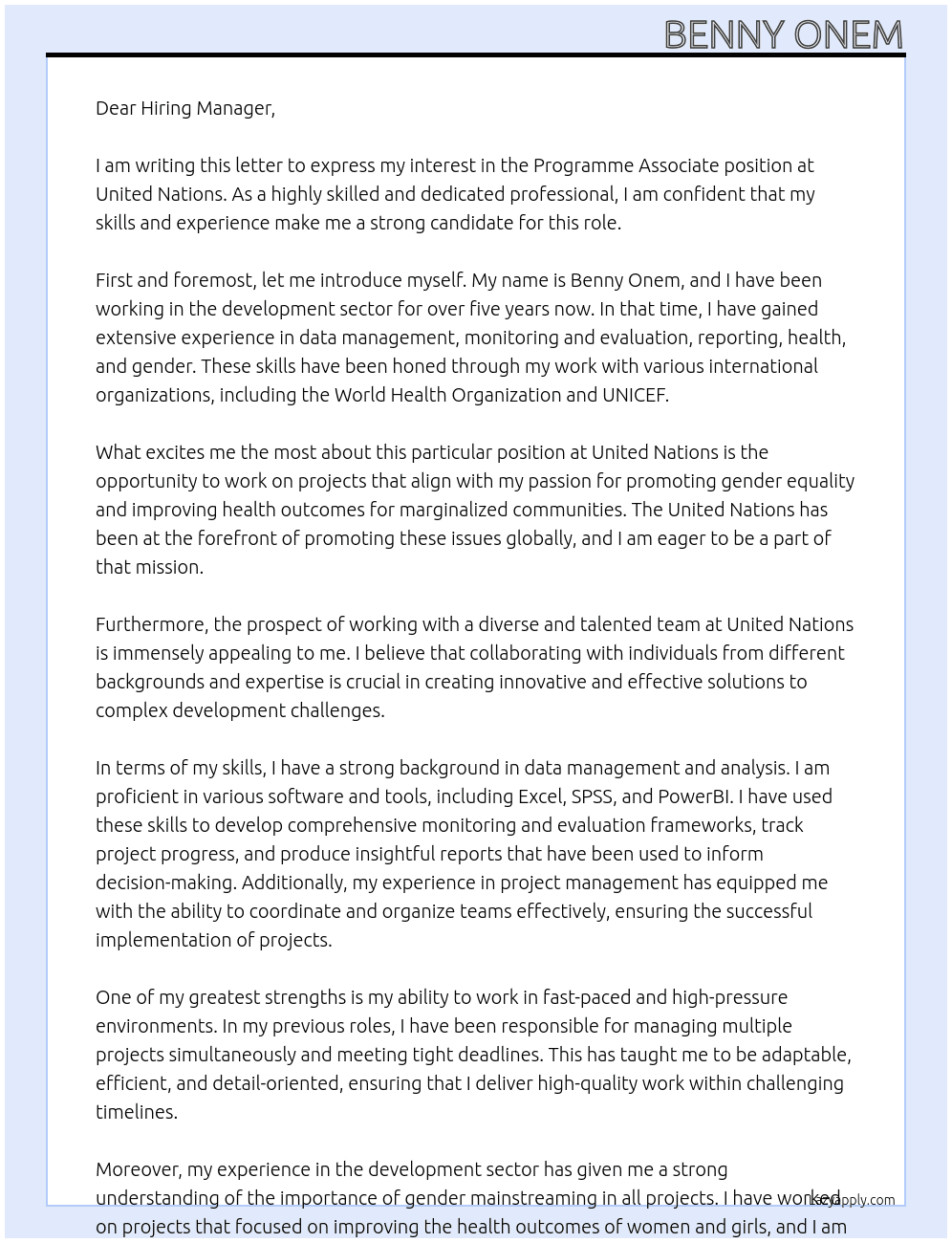 Programme Associate At United Nations Cover Letter