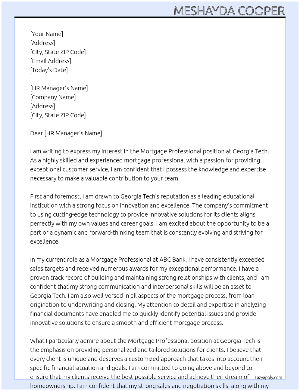 Mortgage Professional  At Georgia Tech Cover Letter