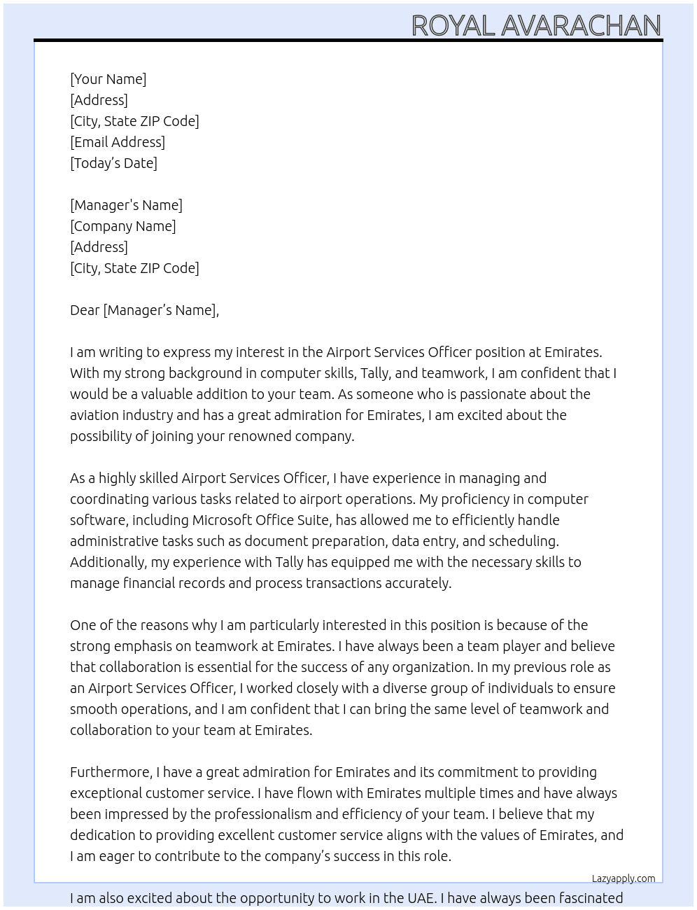Cover letter for airport services officer - LazyApply