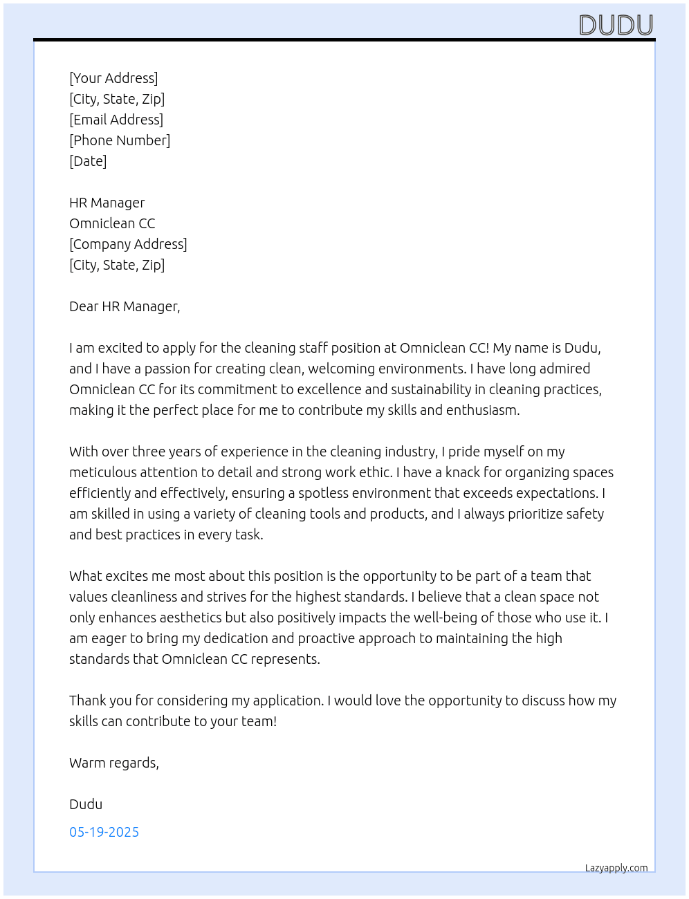 cleaning staff At Omniclean CC Cover Letter
