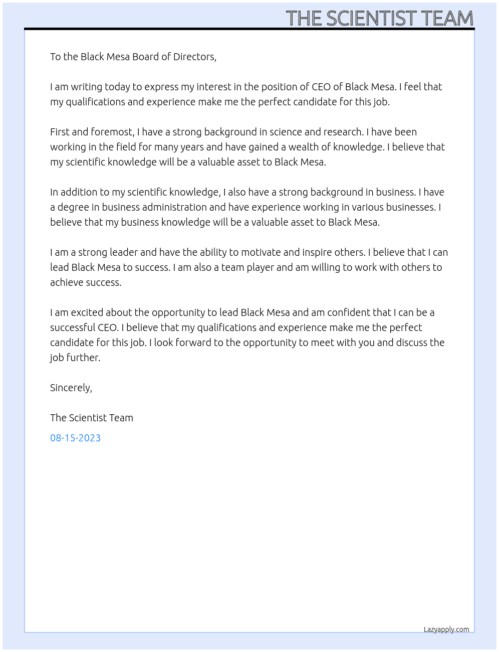 THE BLACK MESA At THE BLACK MESA BUILDING Cover Letter