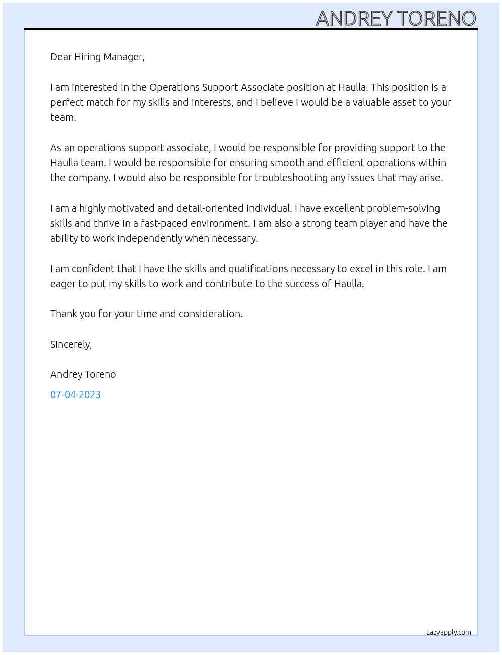 Operations Support Associate At Haulla Cover Letter