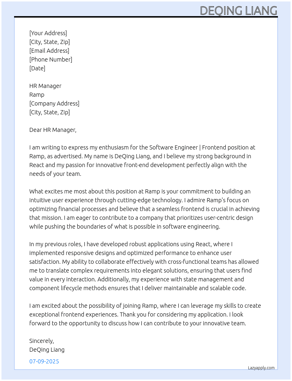 Software Engineer | Frontend At Ramp Cover Letter
