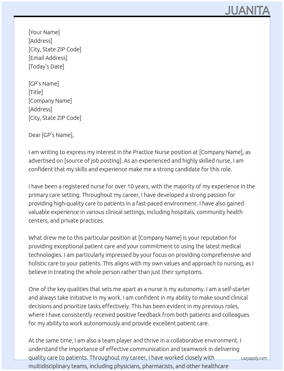 Practice Nurse At GP Cover Letter