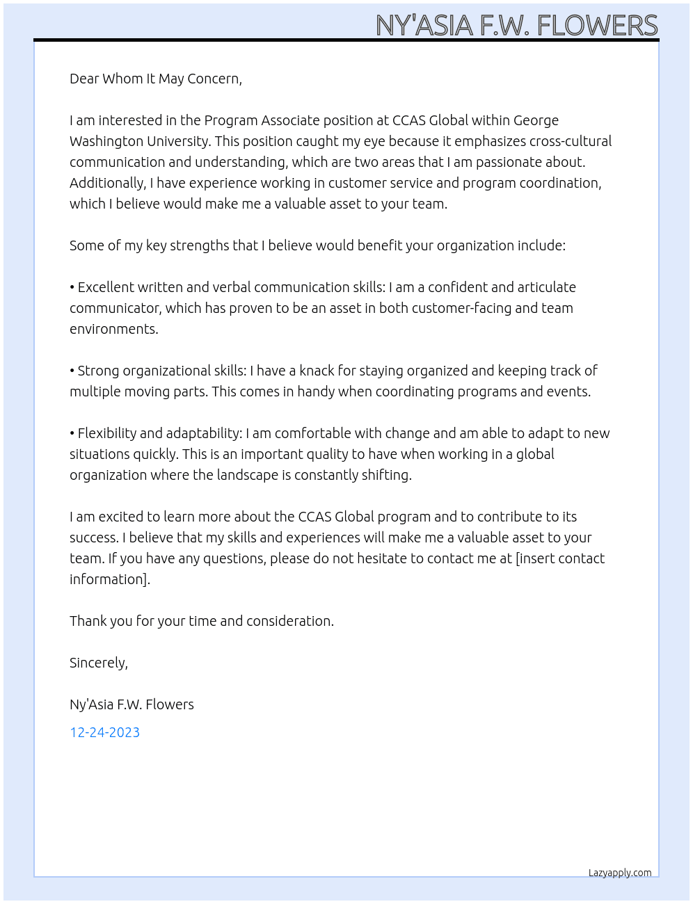 Program Associate, CCAS Global At George Washington University  Cover Letter